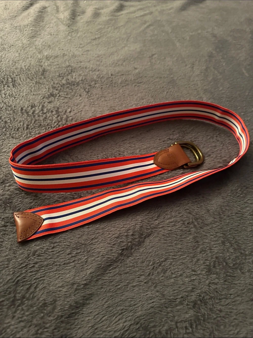 Polo Ralph Lauren Striped Orange, White & Blue Strip Belt with Leather Trim